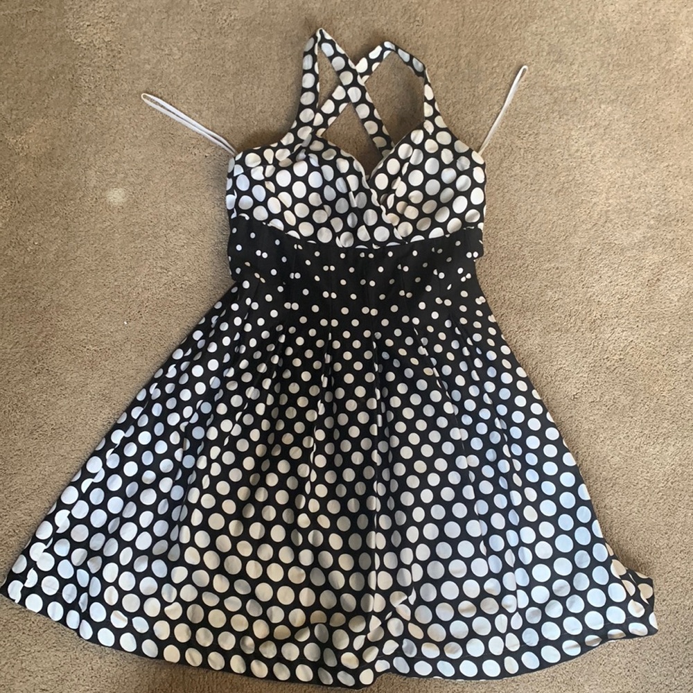 Kim Rogers polka dot pleated cross back dress. Size 10P